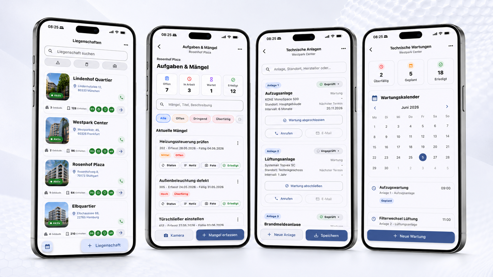 Einblick in Facility Core mit Liegenschaftsdashboard, Mangelverwaltung, technischen Anlagen und Wartungskalender