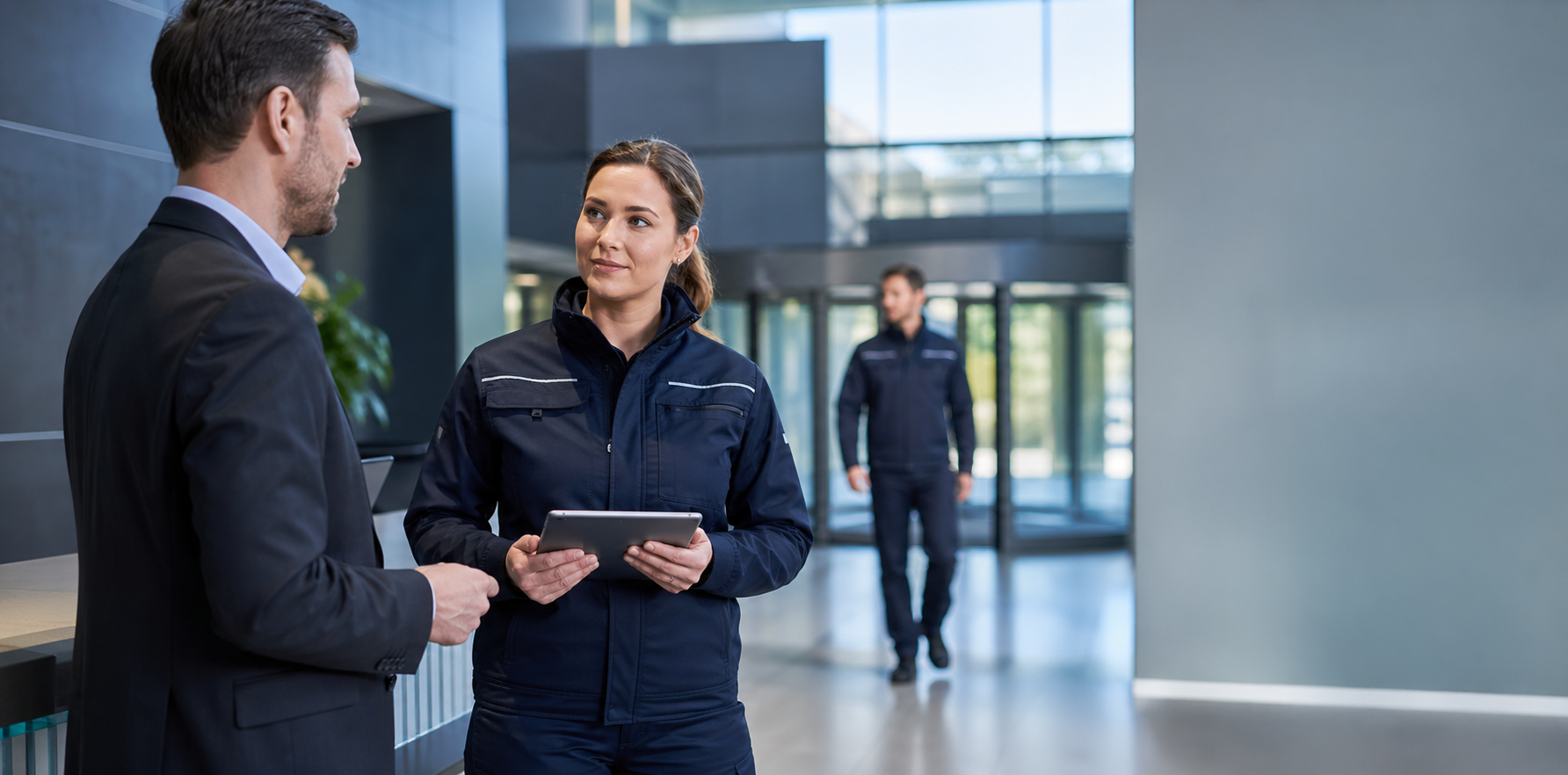Professionelle SECIT-Mitarbeiterin im Gespräch mit einem Kunden in einem modernen Gebäude
