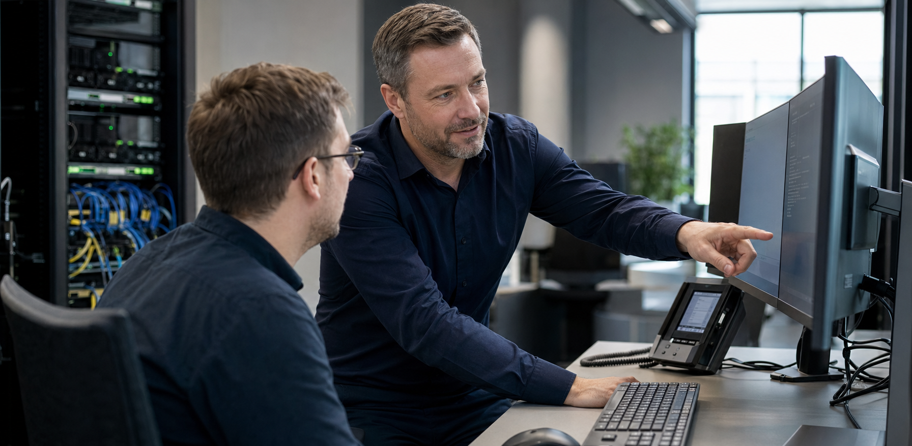 IT-Support-Situation mit einem SECIT-Mitarbeiter und einem Kunden am Arbeitsplatz