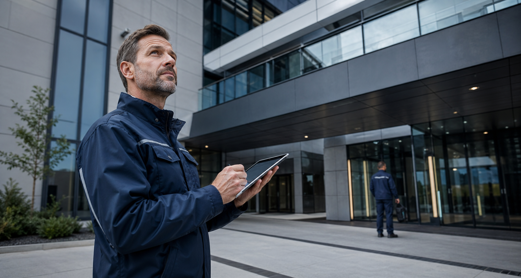 SECIT-Mitarbeiter bei der Objektkontrolle vor einem modernen Firmengebäude