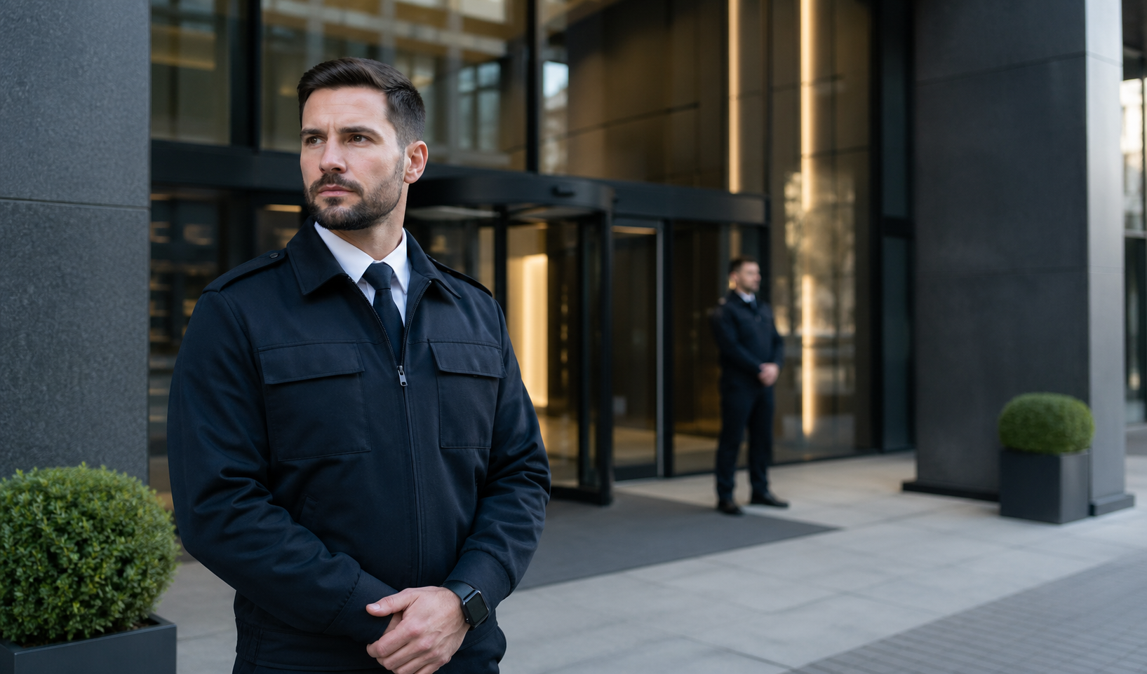 Professioneller SECIT-Sicherheitsmitarbeiter vor einem modernen Gebäudeeingang